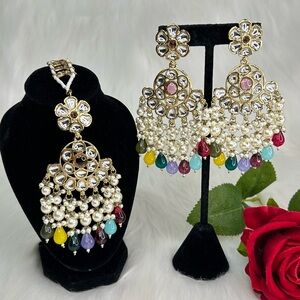 Traditional Multicolor Pearl Kundan Earrings and Maang Tikka Set